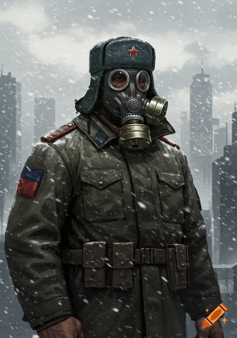 A man in a gas mask, Russian winter hat, and military uniform stands in a snowy, urban setting.