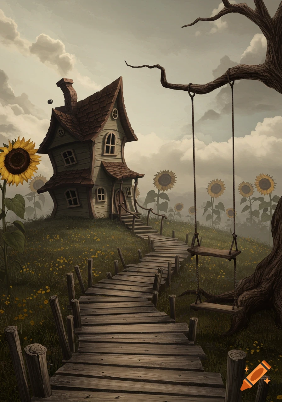 Whimsical, crooked house on a grassy hill with a wooden path, surrounded by gloomy sunflowers and a tree swing, in a fairy tale art style.