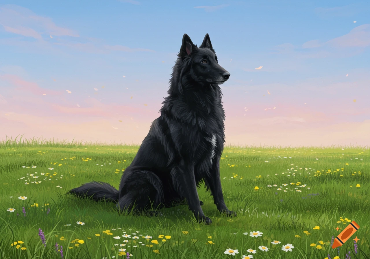 Illustration of a black long-haired dog sitting in a vibrant green meadow filled with wildflowers under a pastel blue and pink sky.