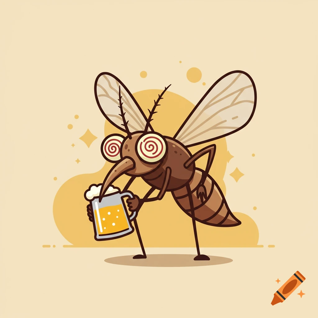 A brown cartoon mosquito with swirling red and white eyes sips from a foamy mug of beer on a light yellow background.