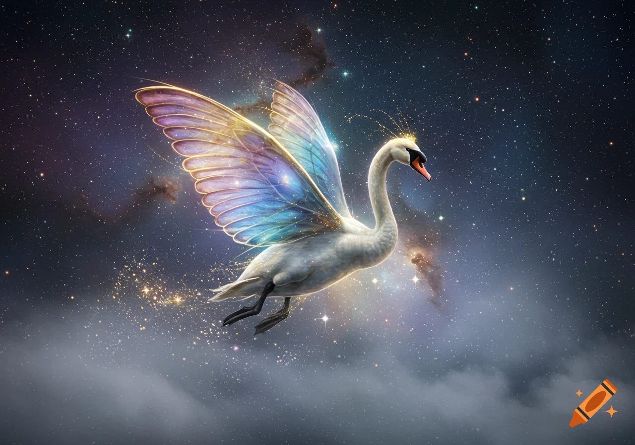 A white swan with iridescent, multi-colored butterfly wings soars through a starry night sky with nebulae and golden light trails.