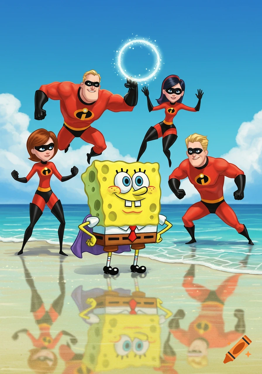 SpongeBob SquarePants and The Incredibles family stand together on a sunny beach with clear water and sky.