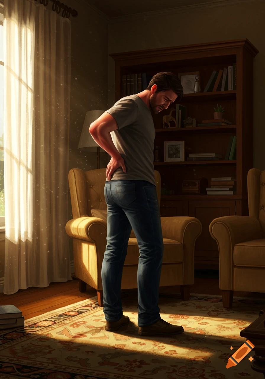 A man in a sunlit room holds his lower back in pain, wearing a grey t-shirt and jeans. An interior scene with armchairs and a bookshelf.
