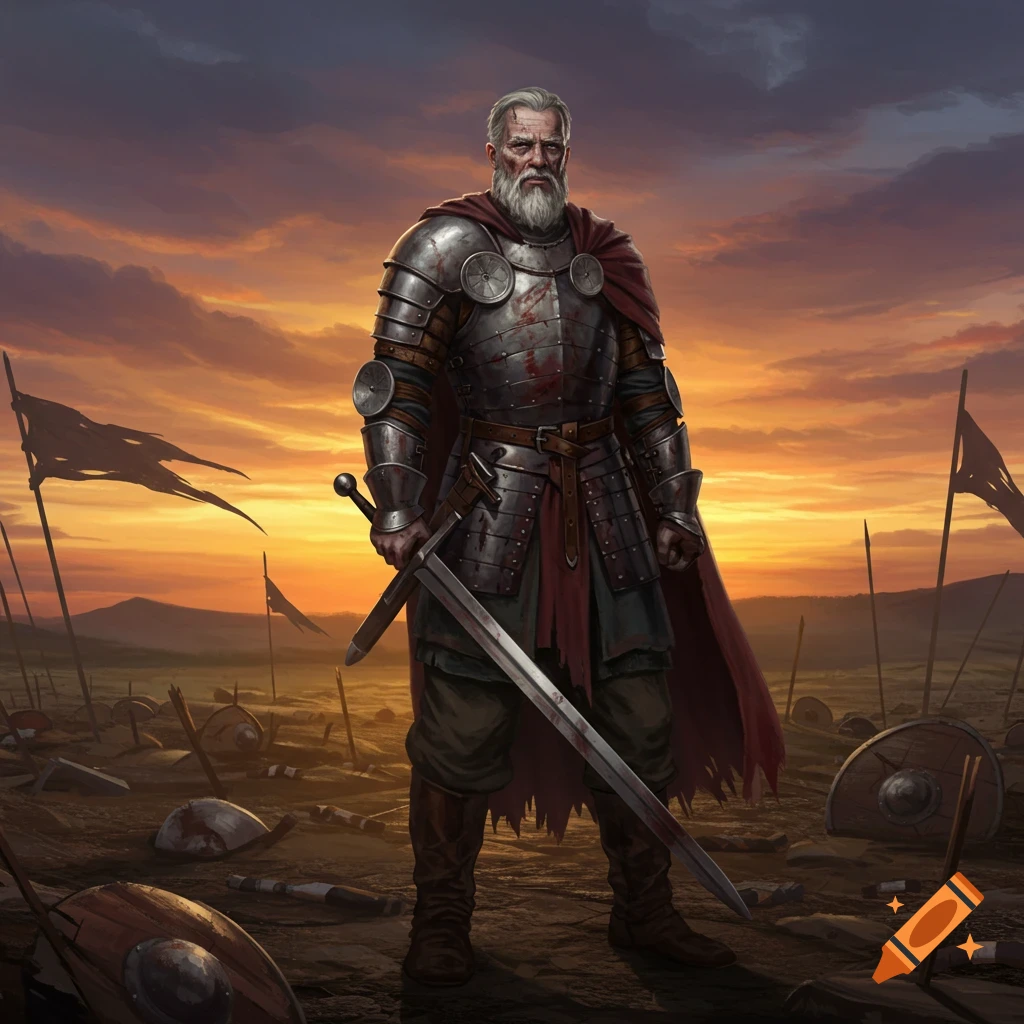 A stoic, bearded warrior in blood-spattered armor stands with a sword on a sunset battlefield littered with fallen shields and banners.