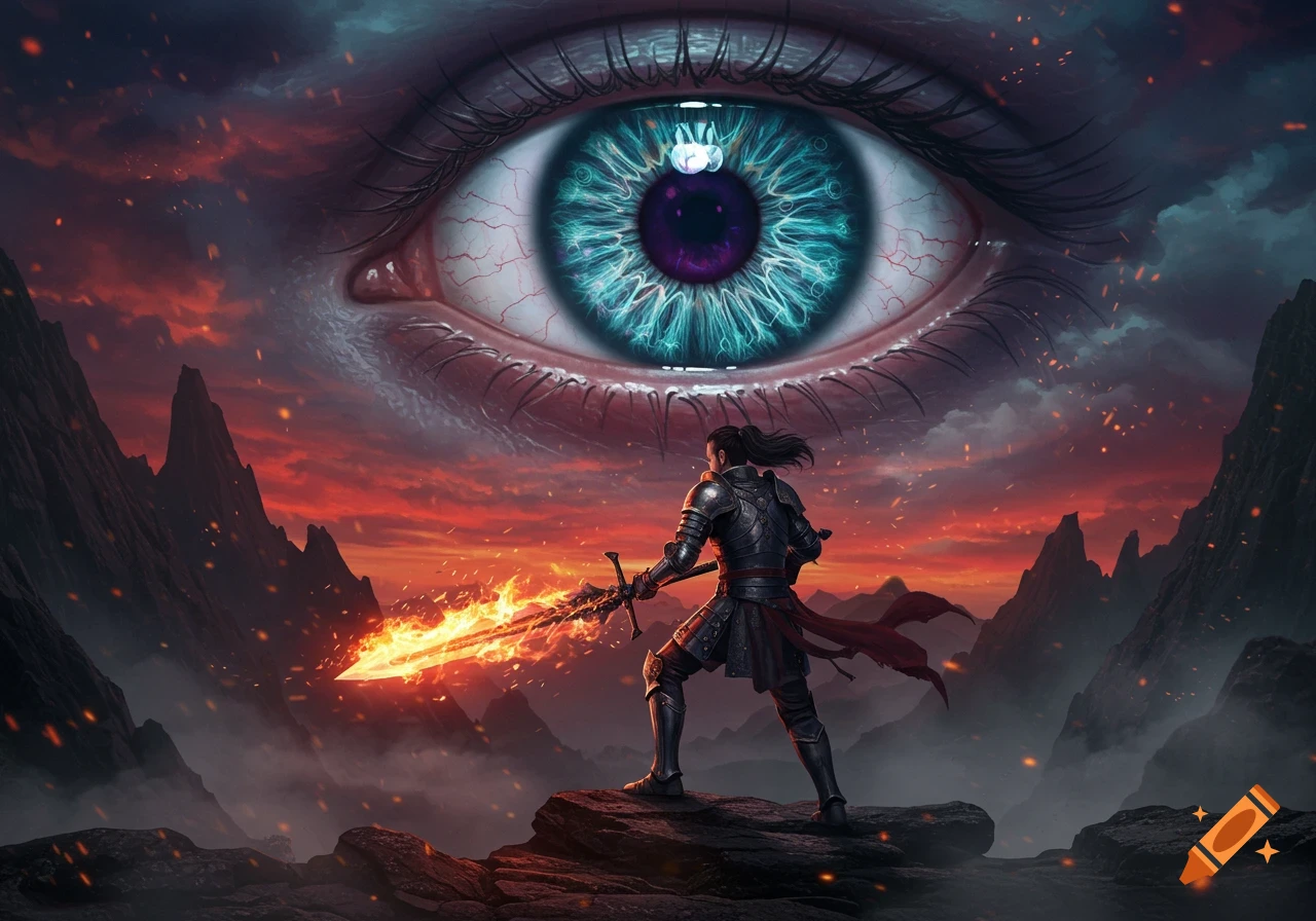 A warrior in armor holds a flaming sword, facing a colossal, watchful eye in a fiery, mountainous landscape at dusk.