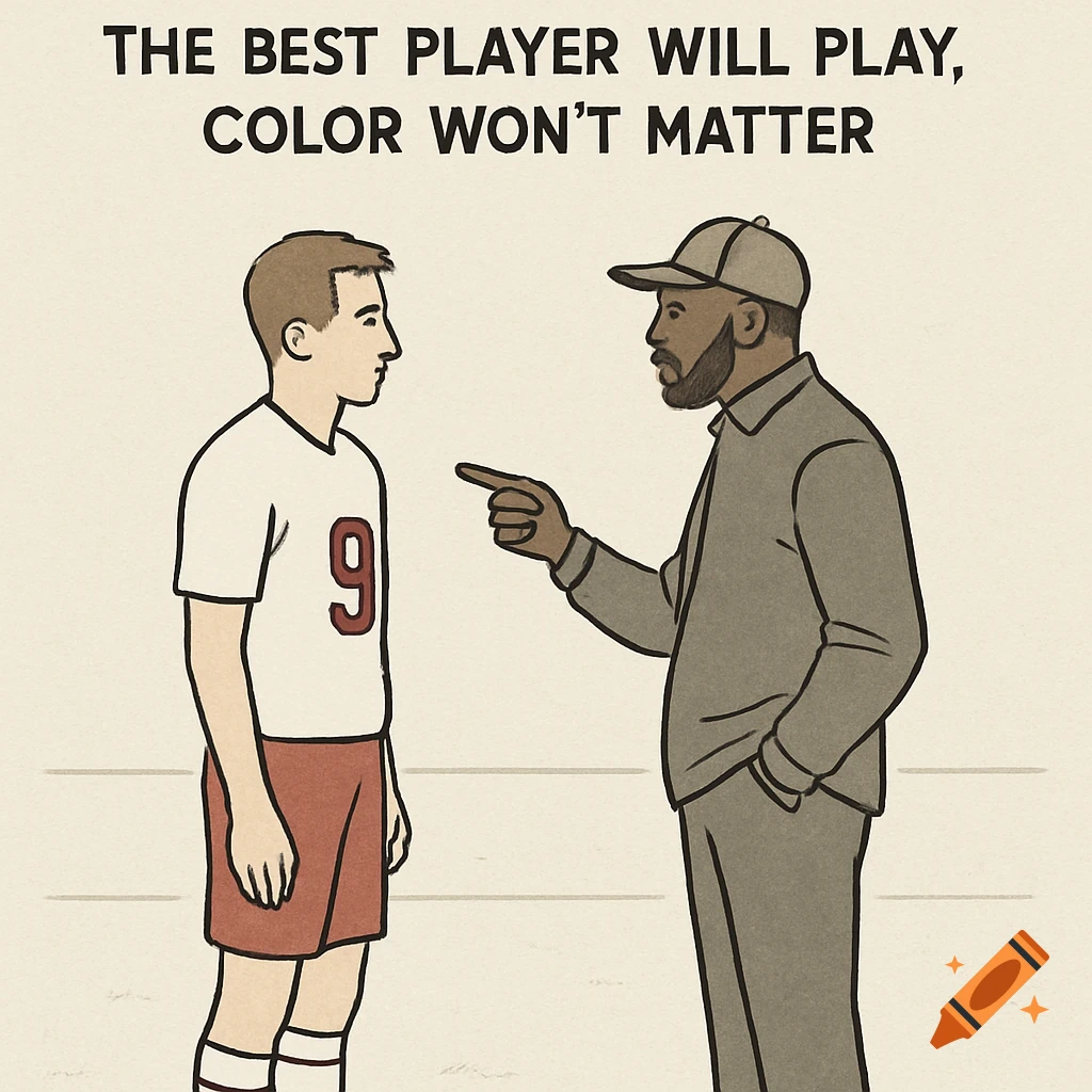 Simple illustration of a soccer player looking at a Black coach who is pointing. Text above reads "THE BEST PLAYER WILL PLAY, COLOR WON'T MATTER"