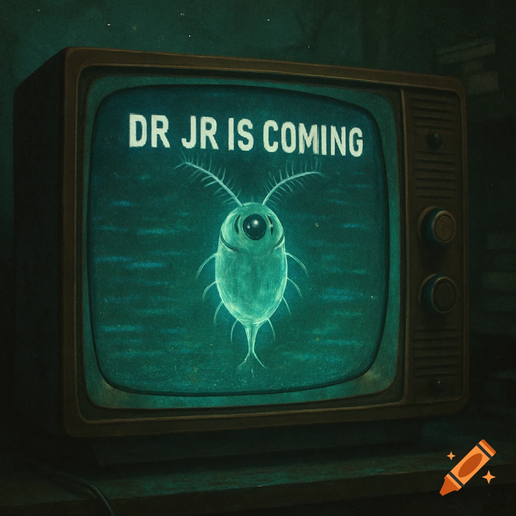 A retro CRT TV displays a glowing, one-eyed plankton with antennae and the text 'DR JR IS COMING' against a dark, grainy background.