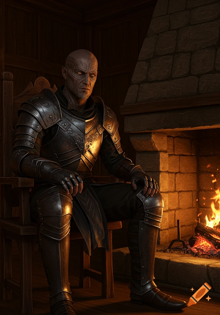 Bald, grey-skinned man in dark ornate armor sits on a wooden chair by a fireplace, looking forward with a serious expression, firelight illuminating his armor.