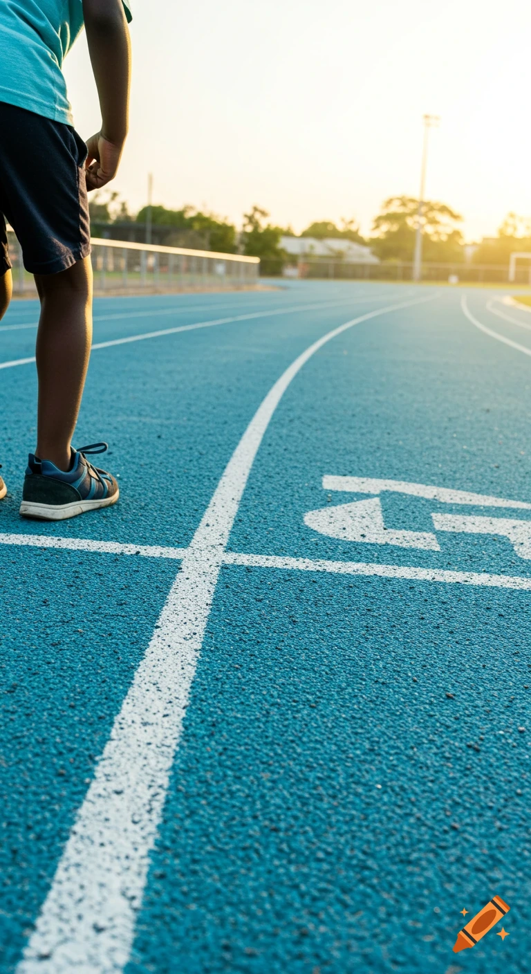 Child's legs in sneakers on a blue running track at the white starting line, ready to run, under warm sunlight.