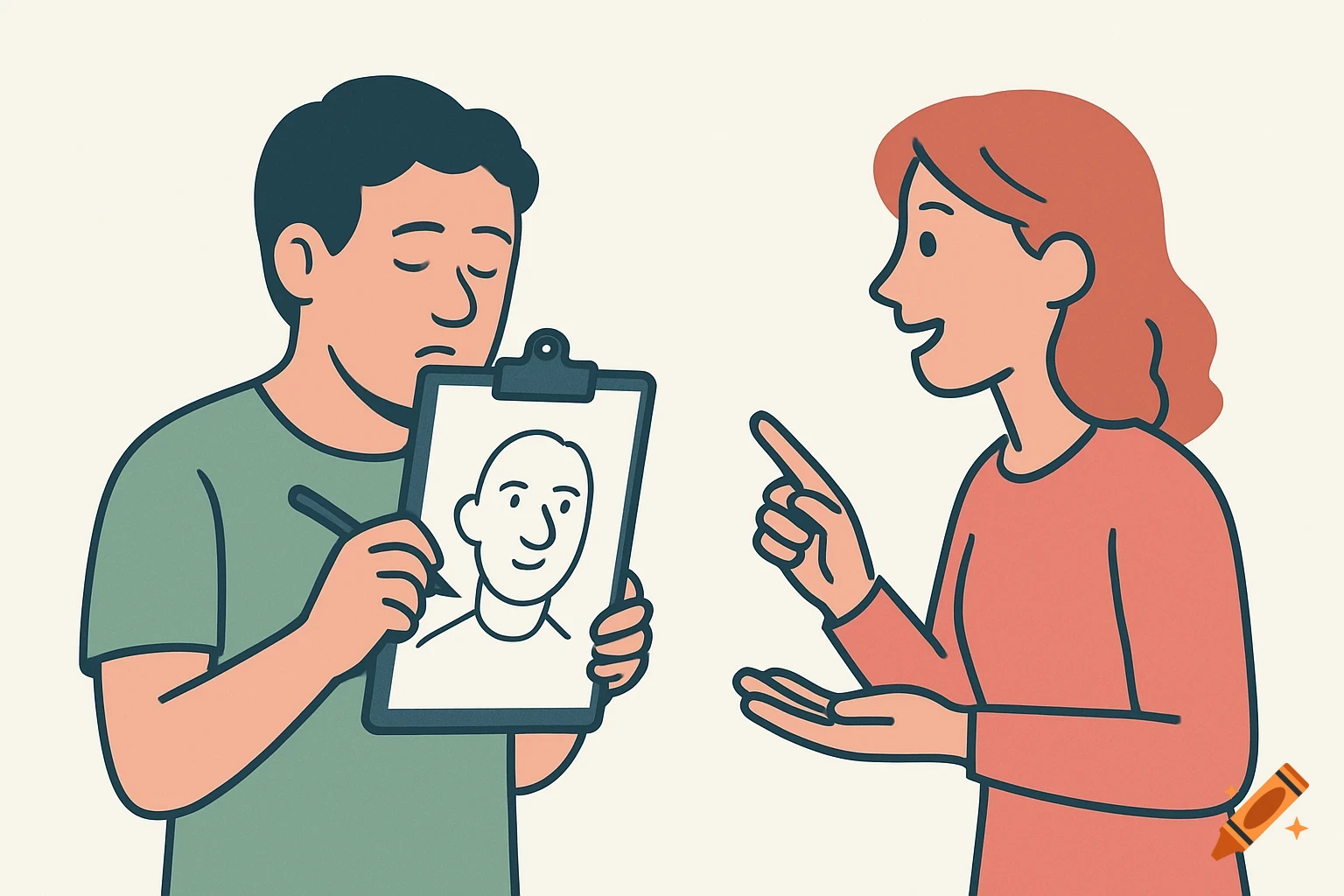 Flat illustration of a man drawing a portrait on a clipboard while a woman gives him instructions.