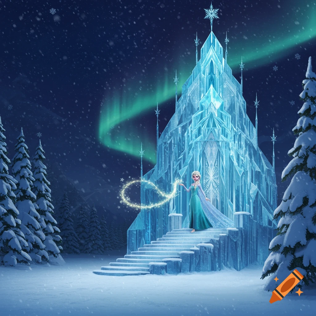 Elsa from Frozen stands on the steps of her glowing ice castle under a snowy night sky with the aurora borealis.
