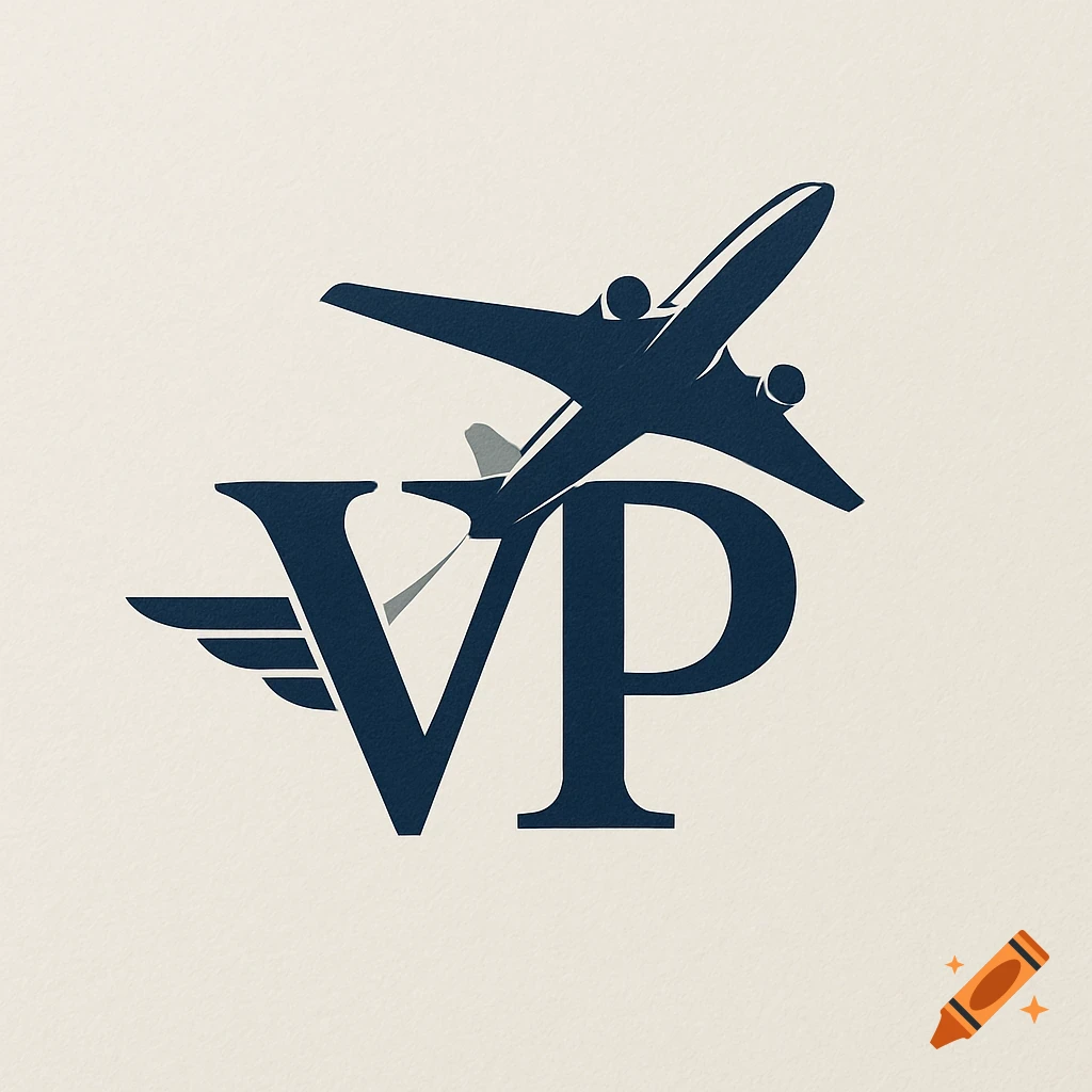 A minimalist logo featuring the dark blue letters 'VP' with a stylized wing on the 'V', and an airplane flying above them on a light, textured background.