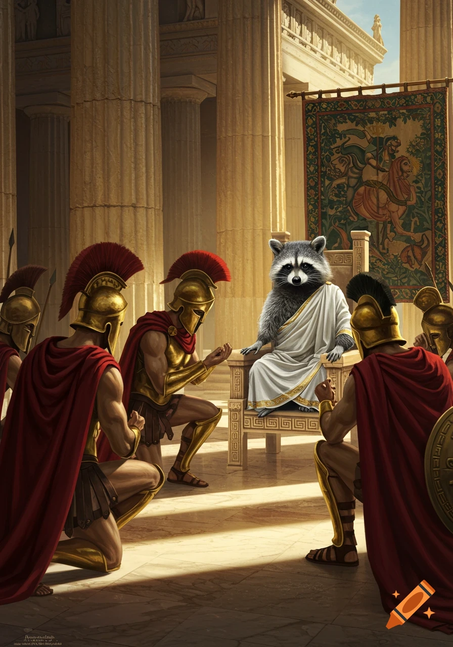 Raccoon in a white toga on a throne, with kneeling Spartan warriors in a grand ancient Greek temple, photorealistic style.