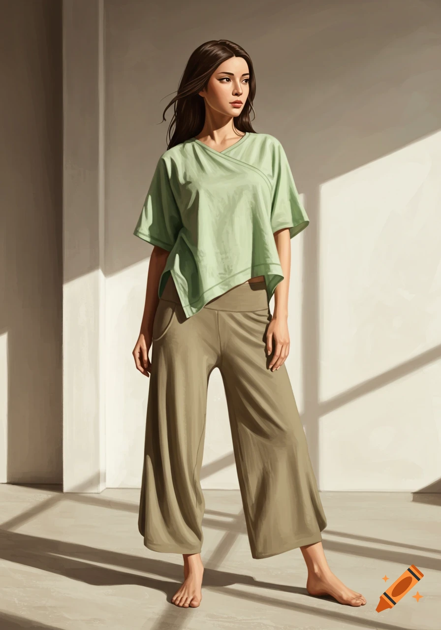 A woman in a loose green top and olive wide-leg pants stands barefoot in a sunlit room, digital art style.