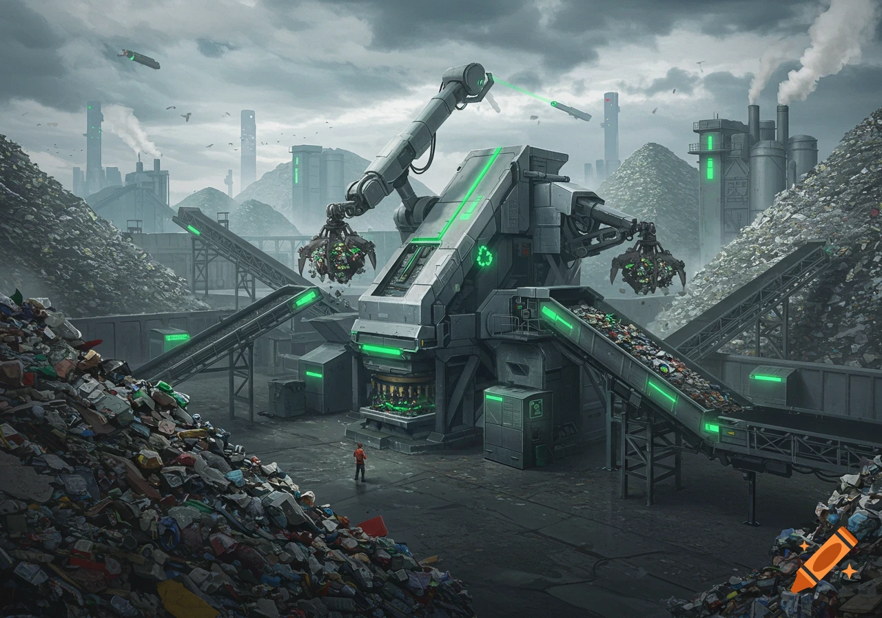 Futuristic recycling plant with large robotic arms processing massive trash piles, glowing green details, and industrial background.
