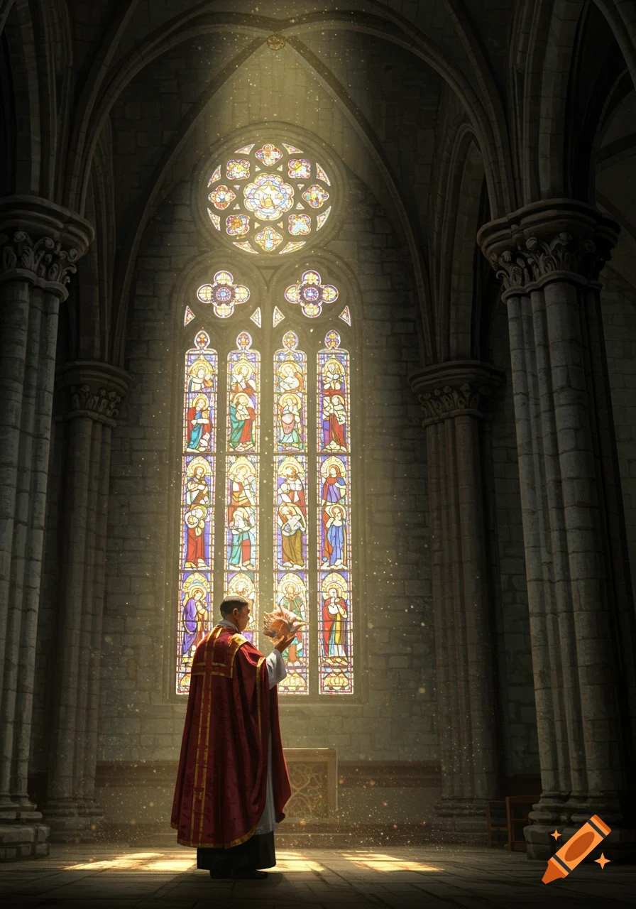 A priest in a red robe holds a conch shell in a grand stone church, illuminated by light streaming through stained glass windows.