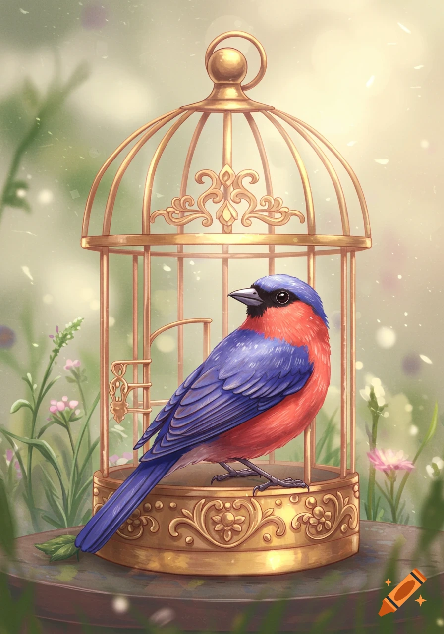 An aesthetic drawing of a blue and red songbird perched inside a golden birdcage, surrounded by soft green foliage and flowers.