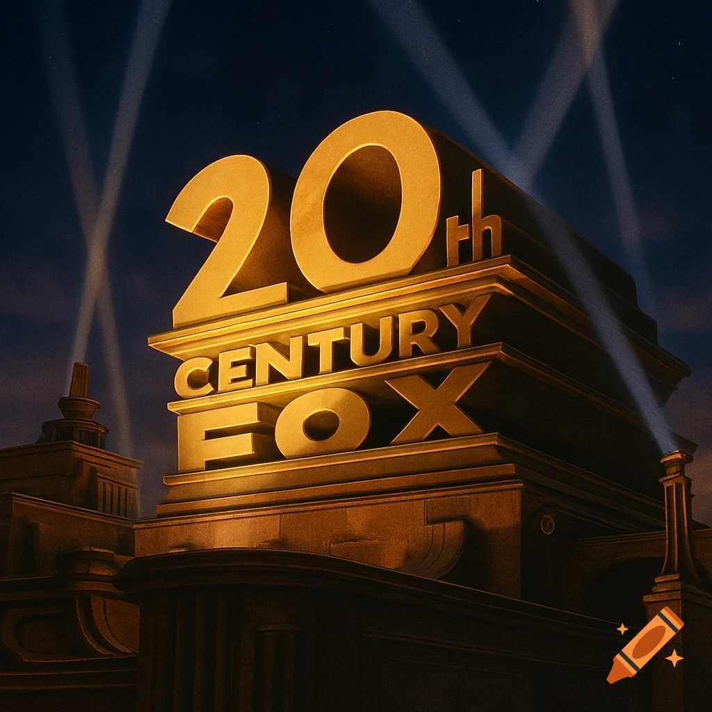 The 20th Century Fox logo with large golden letters illuminated by spotlights against a night sky.