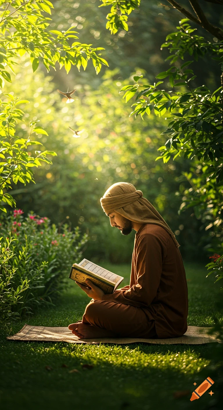 A man in a turban and brown robe sits on a mat in a lush, sunlit garden, reading a book.