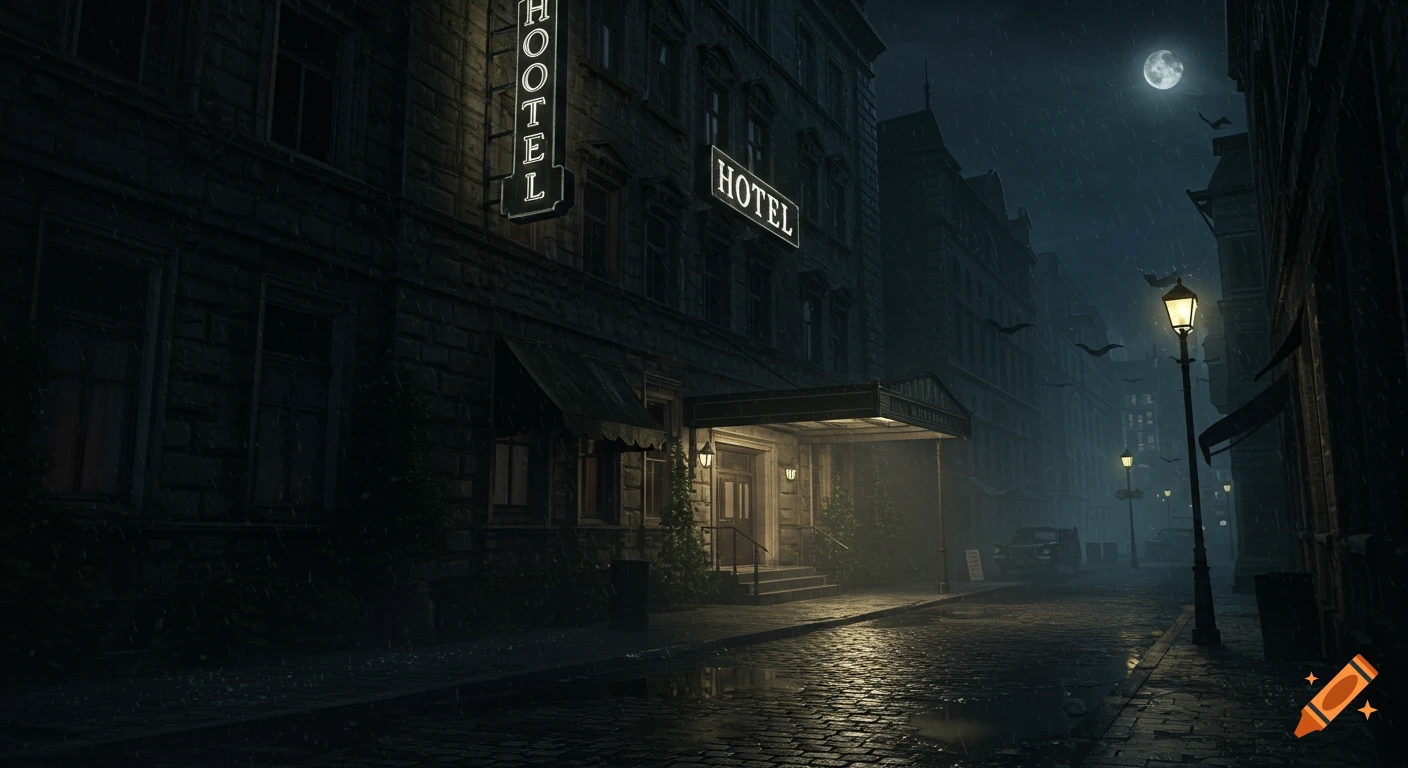 A dark, rainy street scene at night in front of an old, stone hotel with glowing neon signs. A full moon is visible in the sky above.