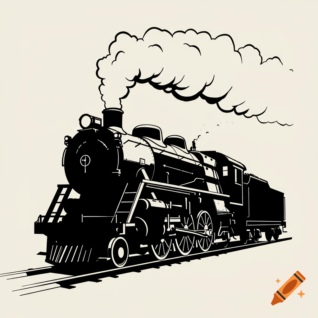 Black and white silhouette illustration of a steam train on tracks, emitting smoke.