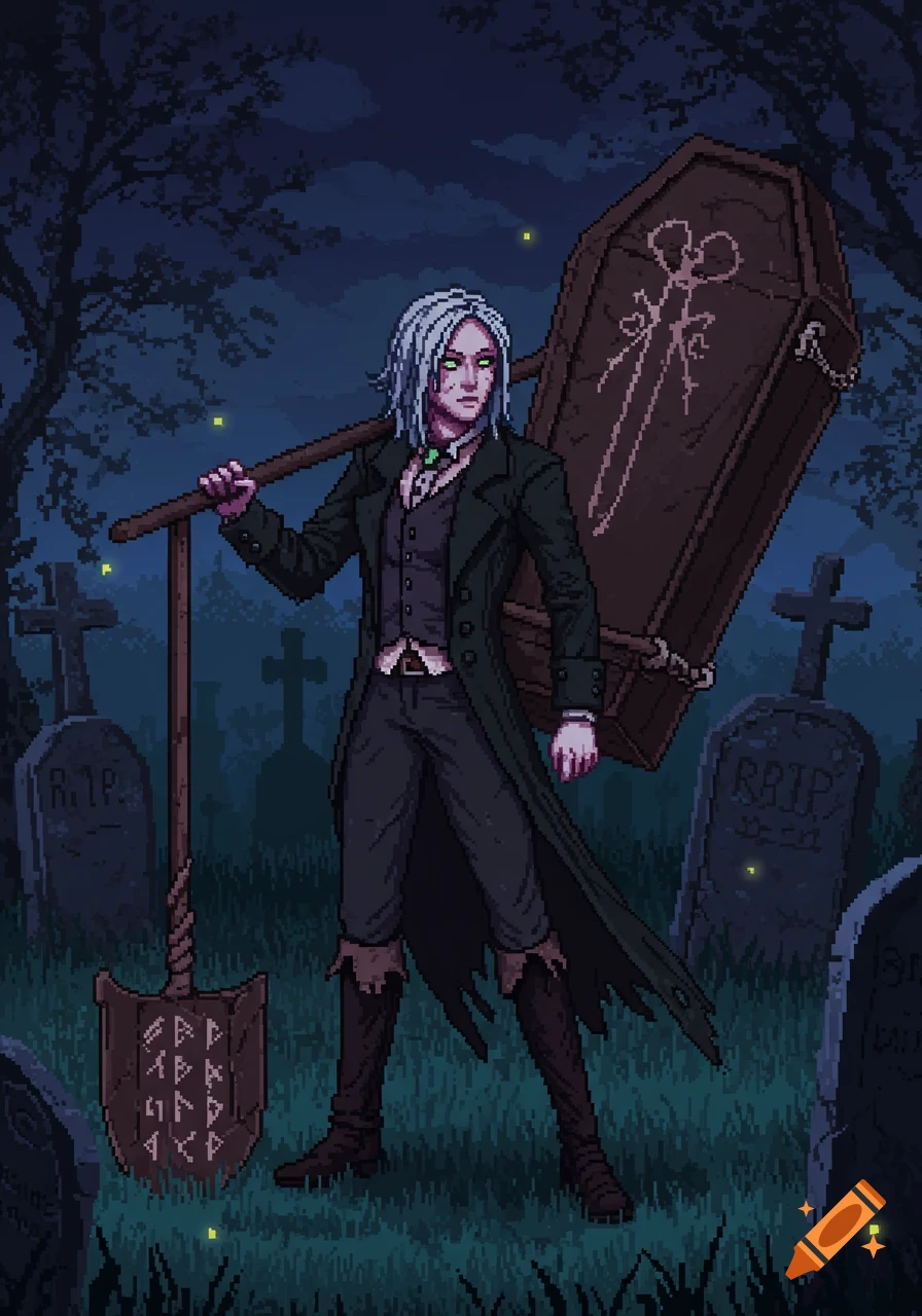 Pixel art of a female gravedigger with white hair and glowing green eyes, holding a shovel and carrying a coffin on her back in a dark graveyard.