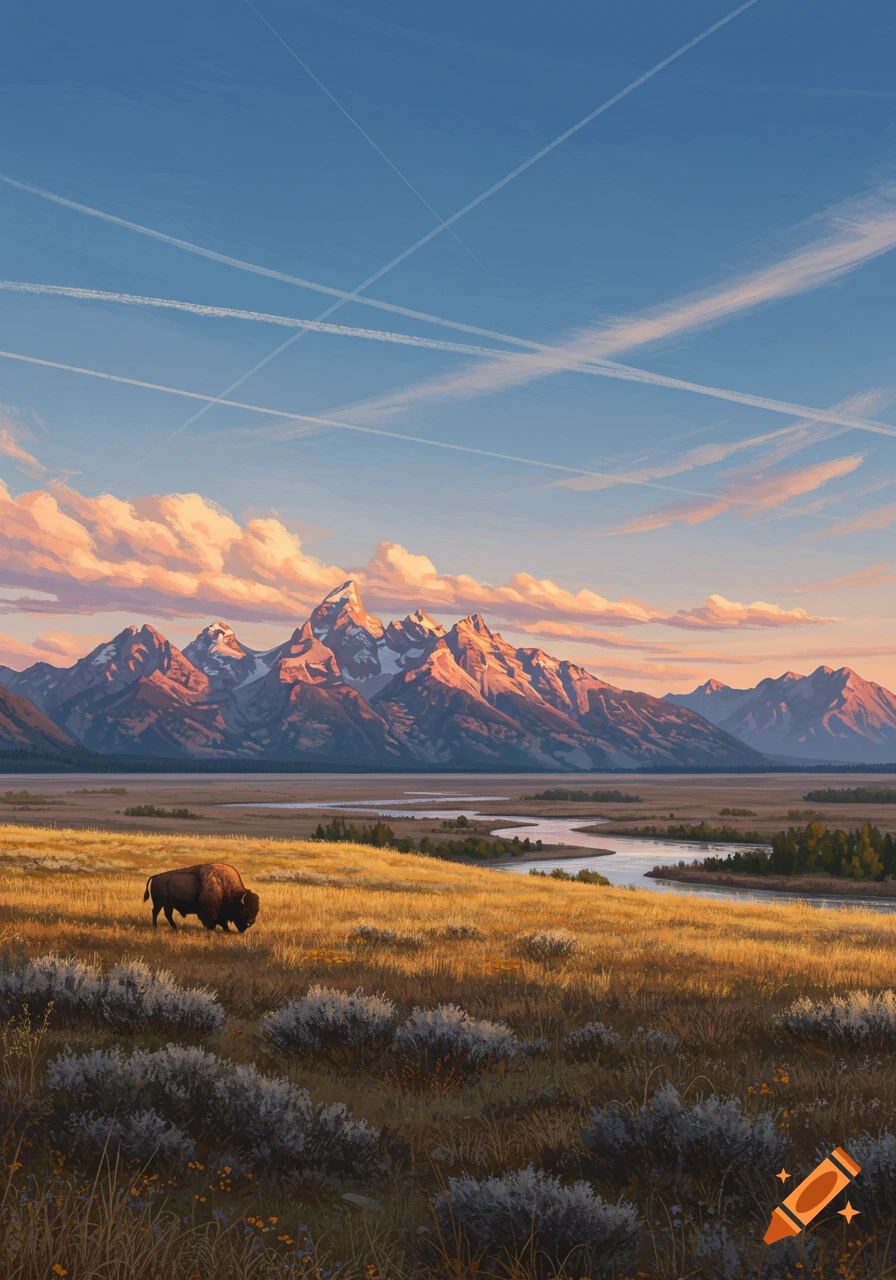 A bison grazes in a golden field with sagebrush, a winding river, and majestic snow-capped mountains under a blue sky with contrails.