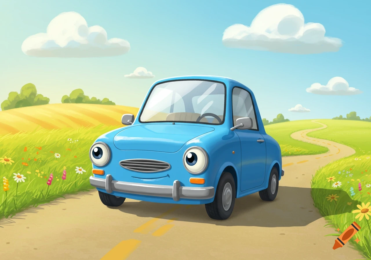 A friendly blue cartoon car with big eyes and a smile drives on a dirt road through a green and yellow field under a blue sky with fluffy white clouds.