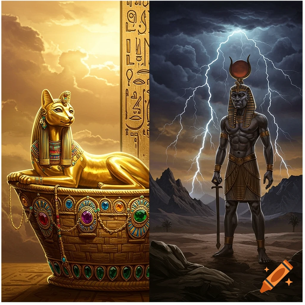 Split image: golden cat goddess statue on left, dark Egyptian god with sun disk under lightning on right.