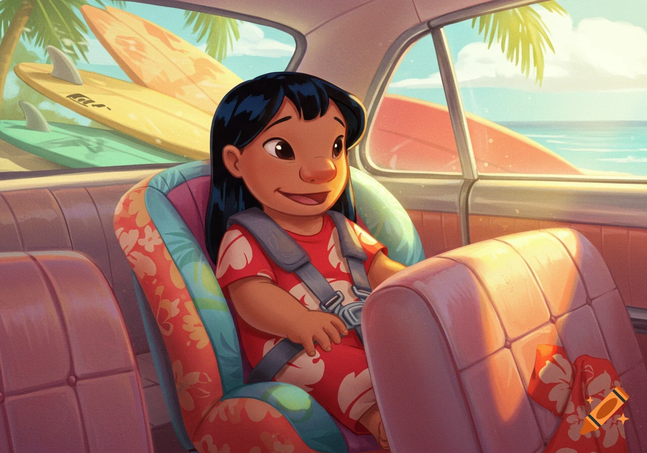 Lilo from Lilo & Stitch sits buckled in a colorful car seat inside a car, looking out at a sunny beach with surfboards.