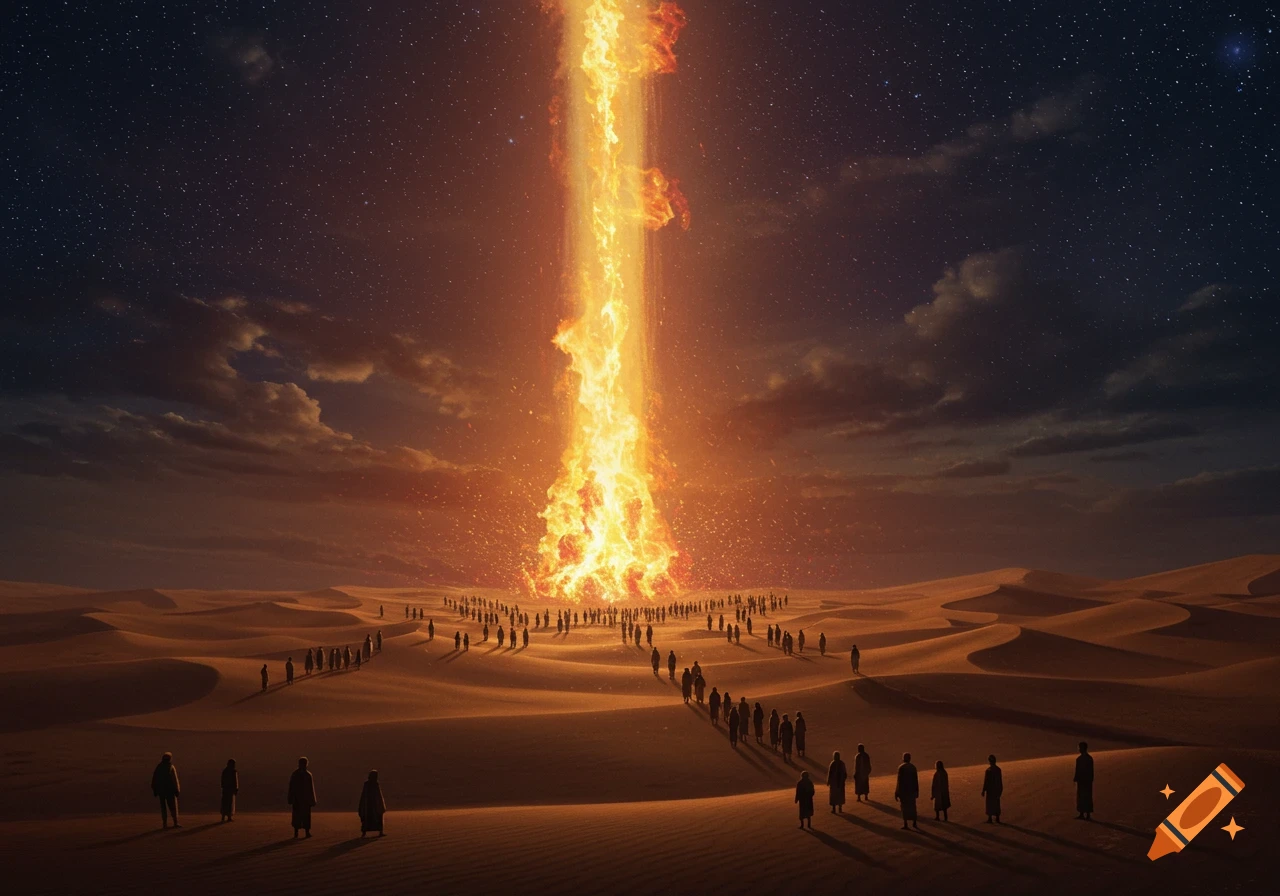 A towering pillar of fire illuminates a vast desert at night, leading a long procession of people through the dunes under a starry sky.