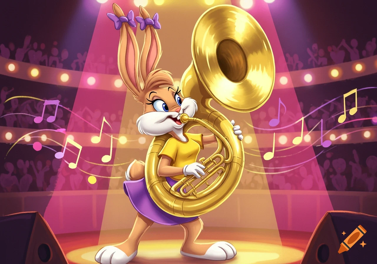 A cartoon rabbit with purple bows, wearing a yellow shirt and purple skirt, plays a sousaphone on a brightly lit stage with musical notes floating around and an audience in the background.