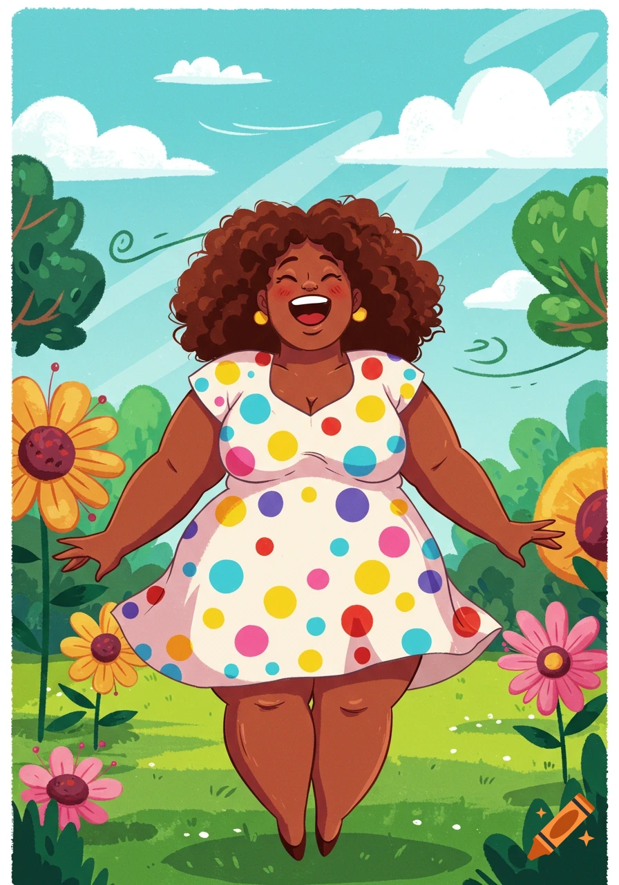 A joyful cartoon woman with curly hair wears a colorful polka dot dress, jumping in a green meadow with flowers under a blue sky.