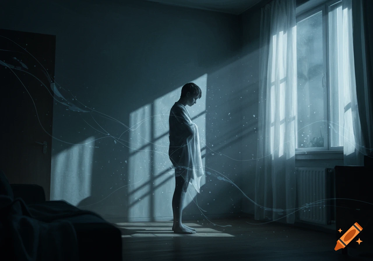 A solitary person wrapped in white cloth stands in a moody, dimly lit room with light streaming through a window.