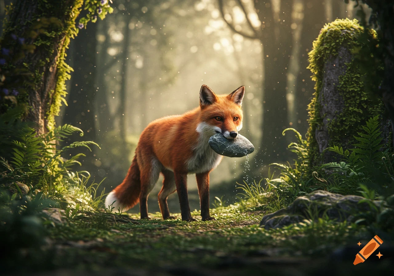A photorealistic image of a red fox standing in a sunlit forest, holding a grey stone in its mouth.
