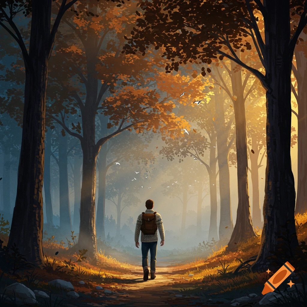 A person with a backpack walks on a path through a sunlit autumn forest with orange trees and birds in the misty distance.