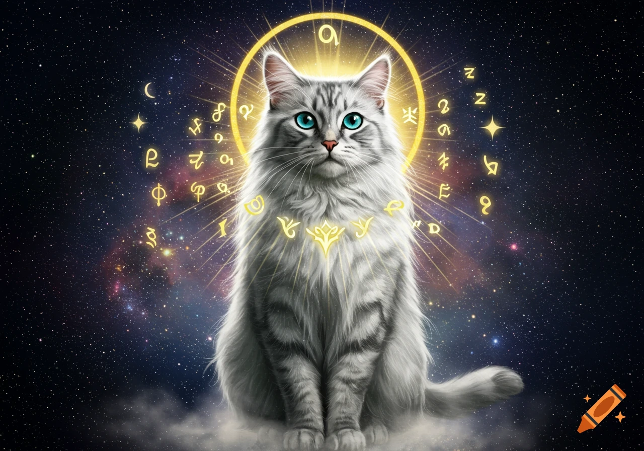 A majestic long-haired grey cat with blue eyes sits on a cloud, framed by a golden halo and mystical glowing symbols, set against a starry cosmic background.