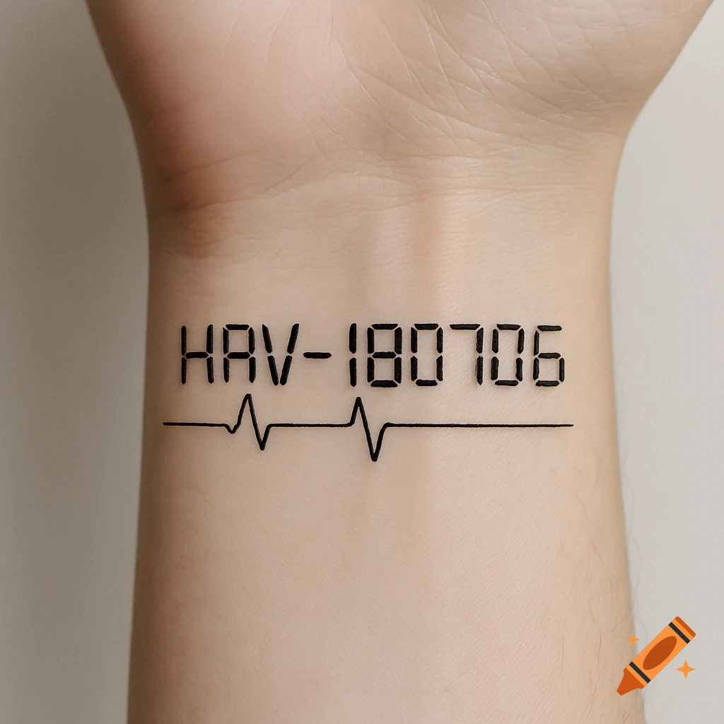 A minimalist black tattoo of 'HAV-180706' in a digital font style above a heart rate line on a wrist.