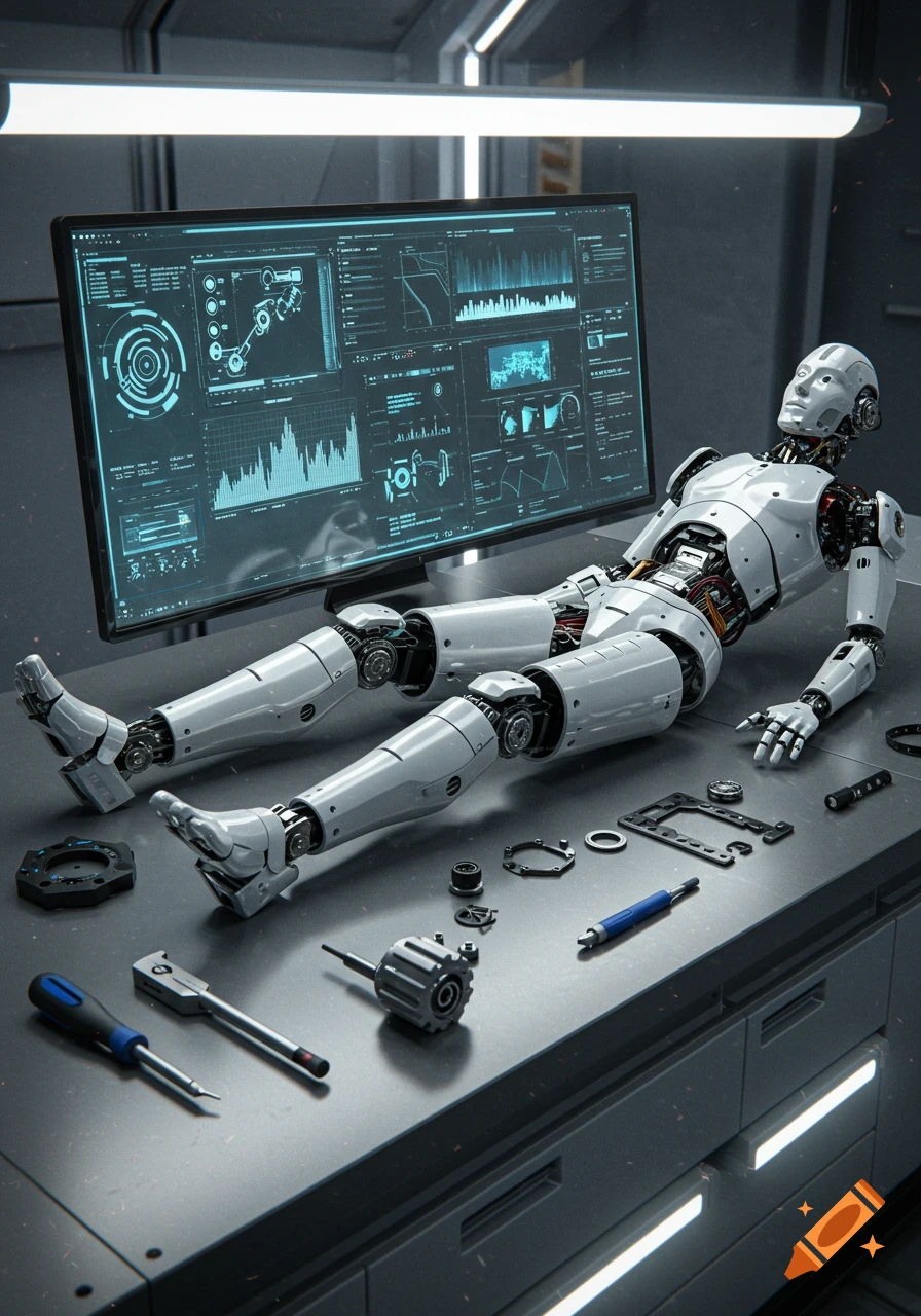 A disassembled white robot lies on a workbench with tools and parts, in front of a monitor displaying futuristic data in a modern lab.