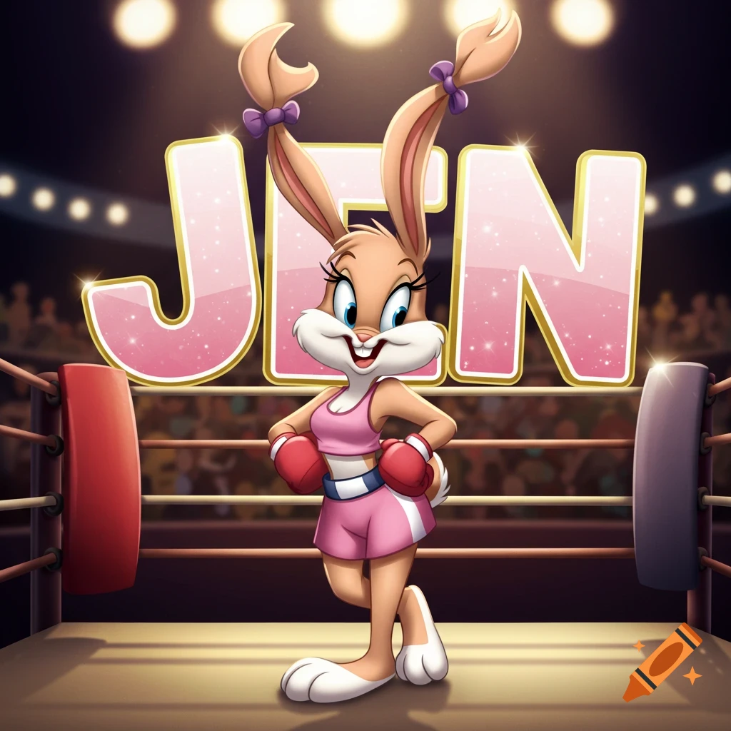 Cartoon bunny character in pink boxing attire stands in a ring with the word 'JEN' behind her.