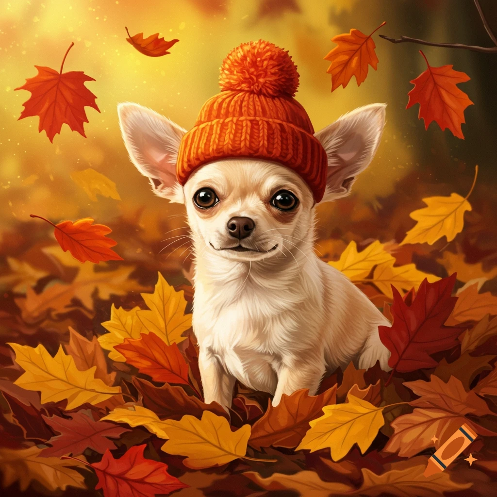 A cream-beige chihuahua wearing an orange pom-pom hat sits among vibrant autumn leaves in warm sunlight, digital art.