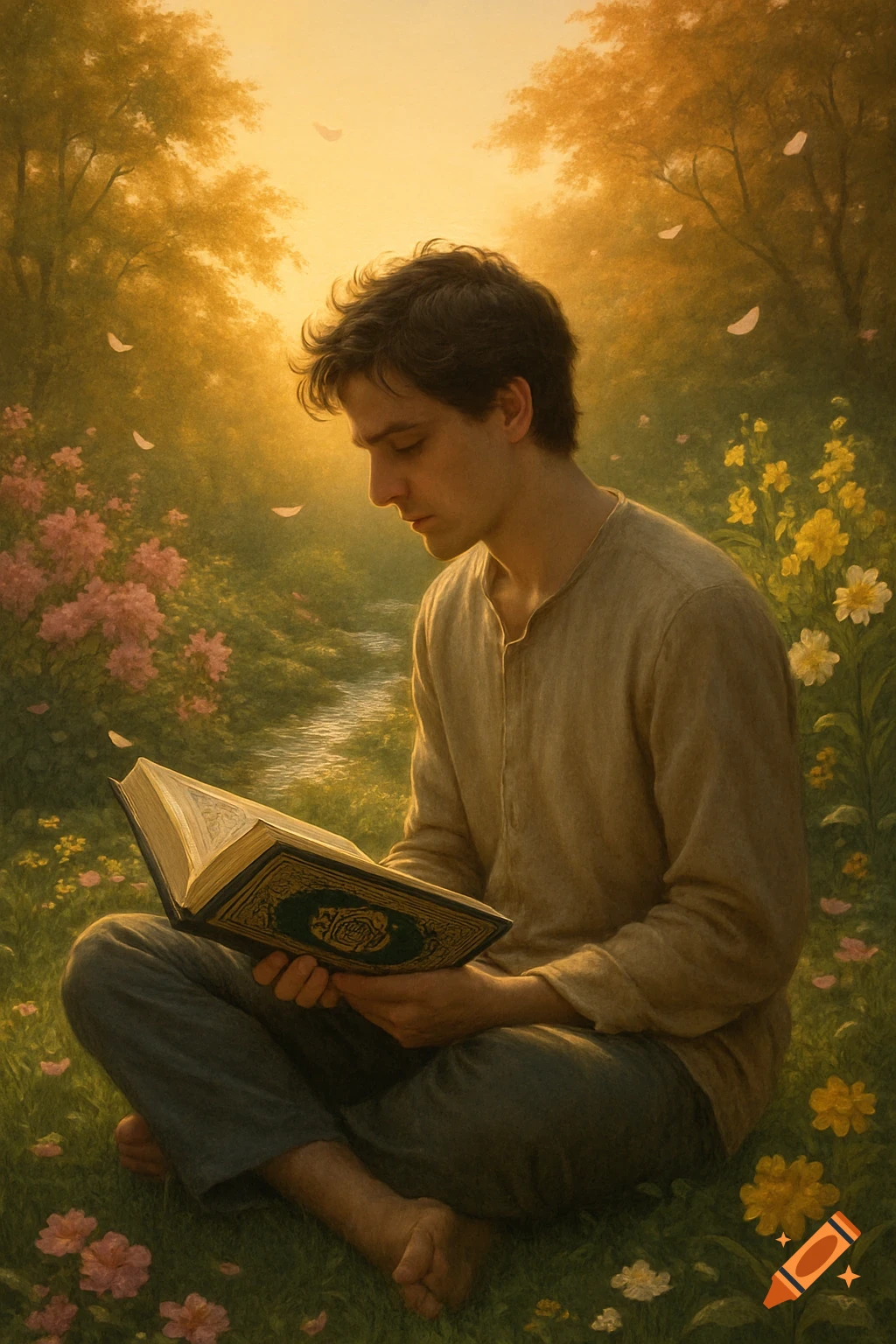 A man sits barefoot in a vibrant, sunlit garden, engrossed in reading a large book with ornate covers.