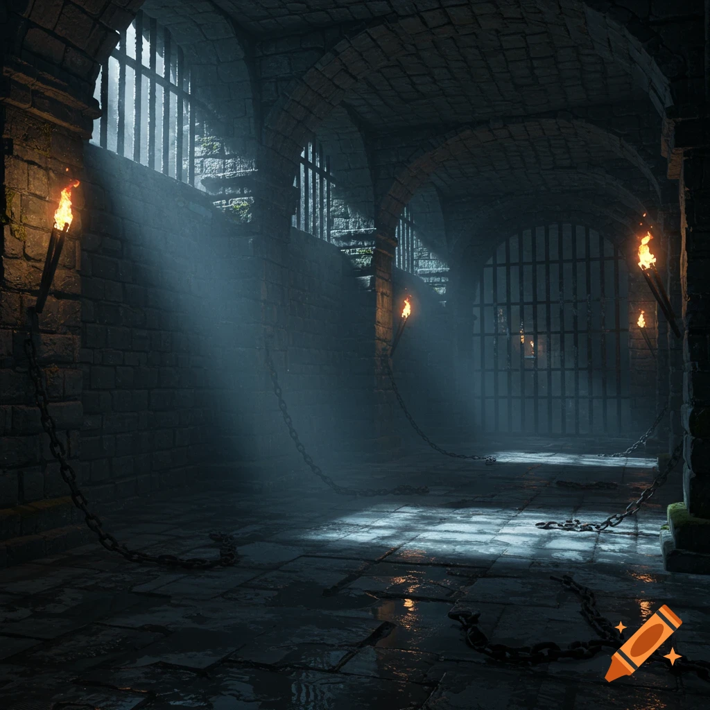 A dark, misty stone dungeon with barred windows, flaming torches, chains on a wet floor, and shafts of light.