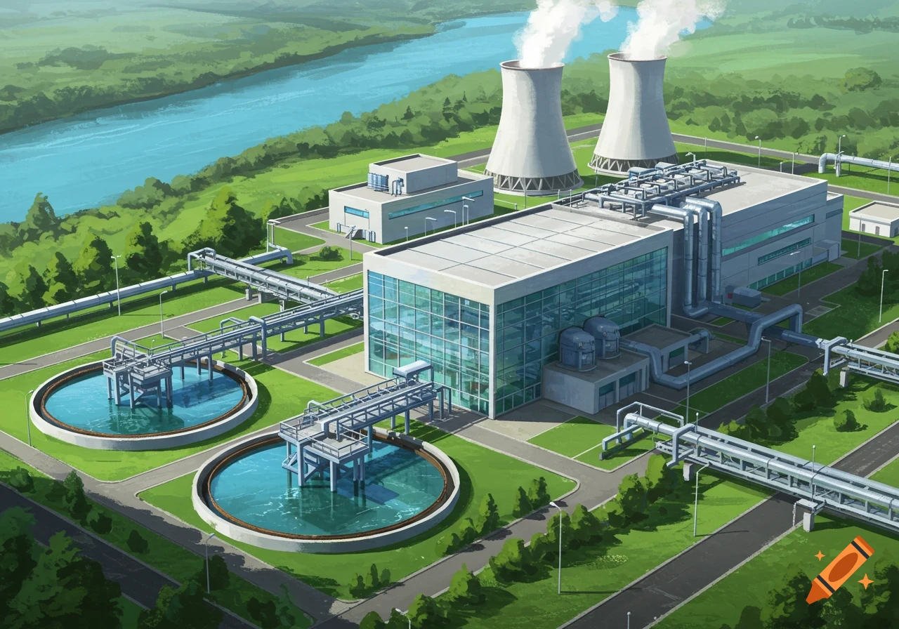 Illustrated aerial view of an industrial plant with cooling towers, basins, and pipes next to a river in a green landscape.