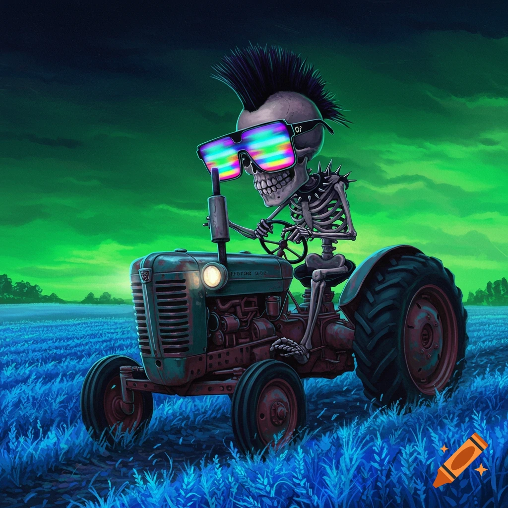 A stylized punk skeleton with a mohawk and rainbow sunglasses drives an old tractor through a glowing blue field under a green sky.