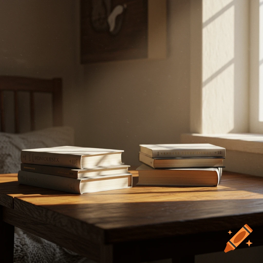 A warm, cozy scene with stacks of books on a wooden table, illuminated by soft natural light from a window.