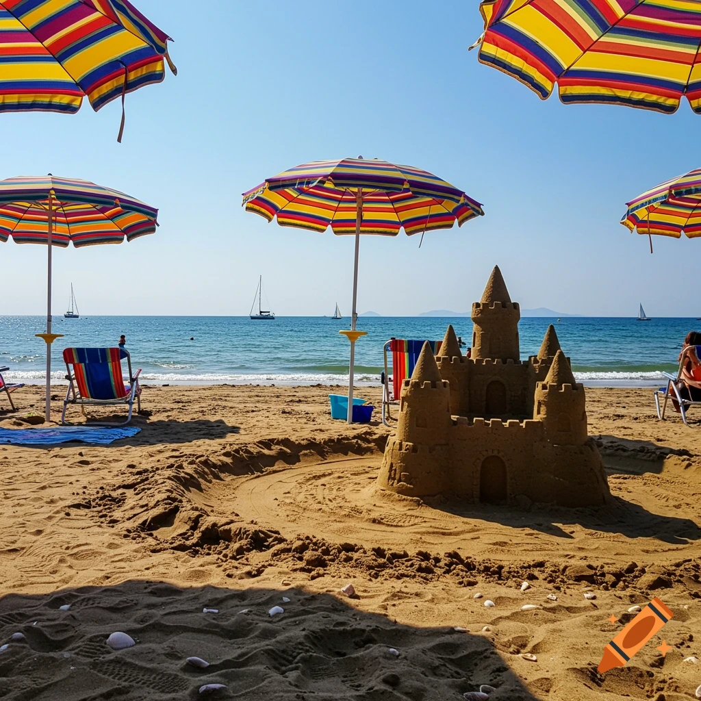 A detailed sandcastle on a sunny beach with colorful striped umbrellas, chairs, and sailboats on the blue ocean in the background.
