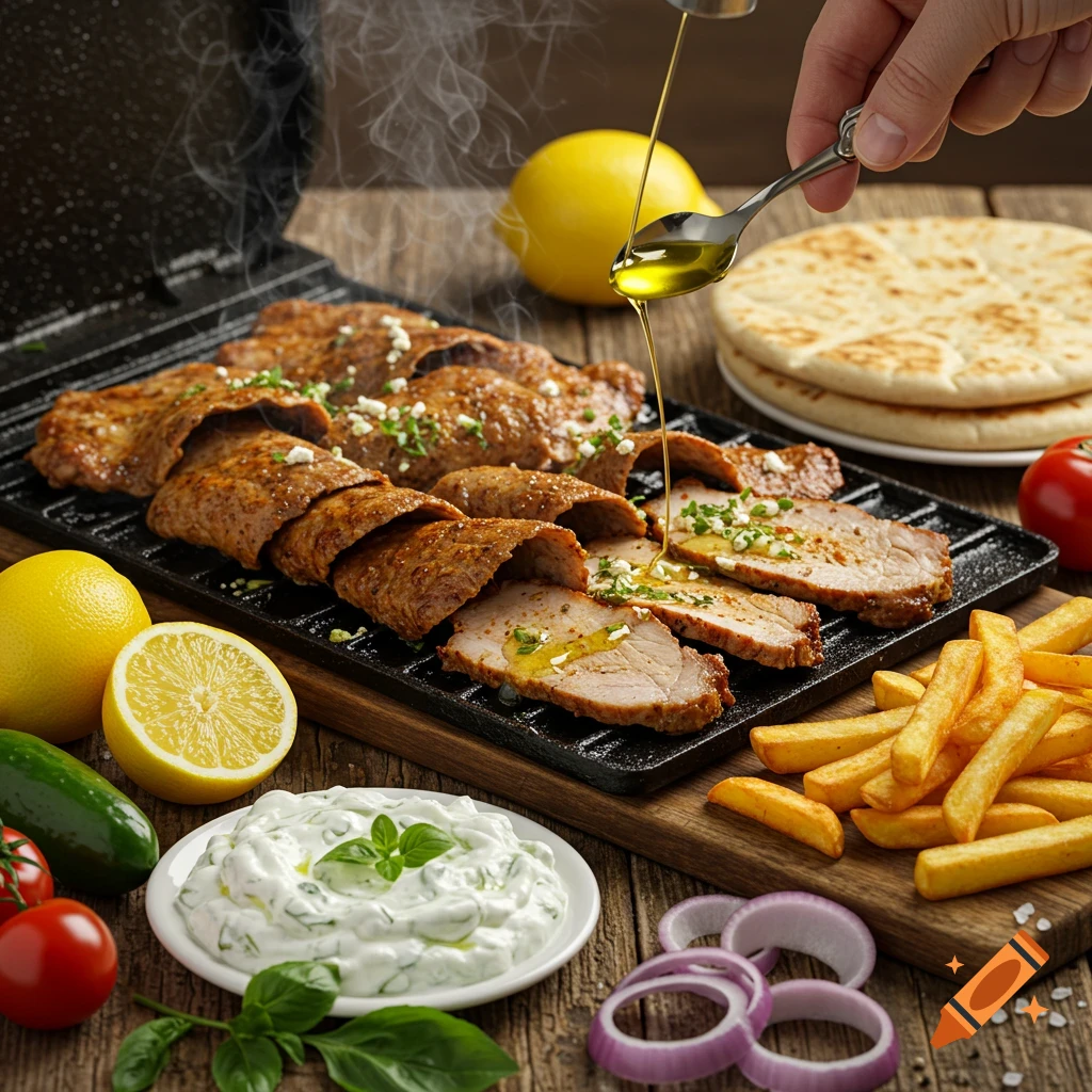 Olive oil drizzled over grilled Greek meat (gyros/souvlaki) on a grill, served with fries, pita, tzatziki, lemons, and vegetables.
