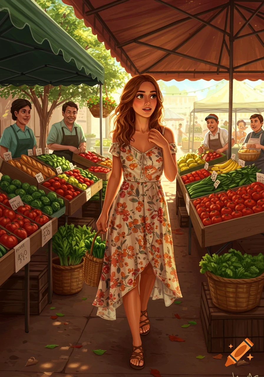 A young woman in a floral dress walks through a vibrant farmer's market, surrounded by colorful produce stalls and smiling vendors in an illustrative style.