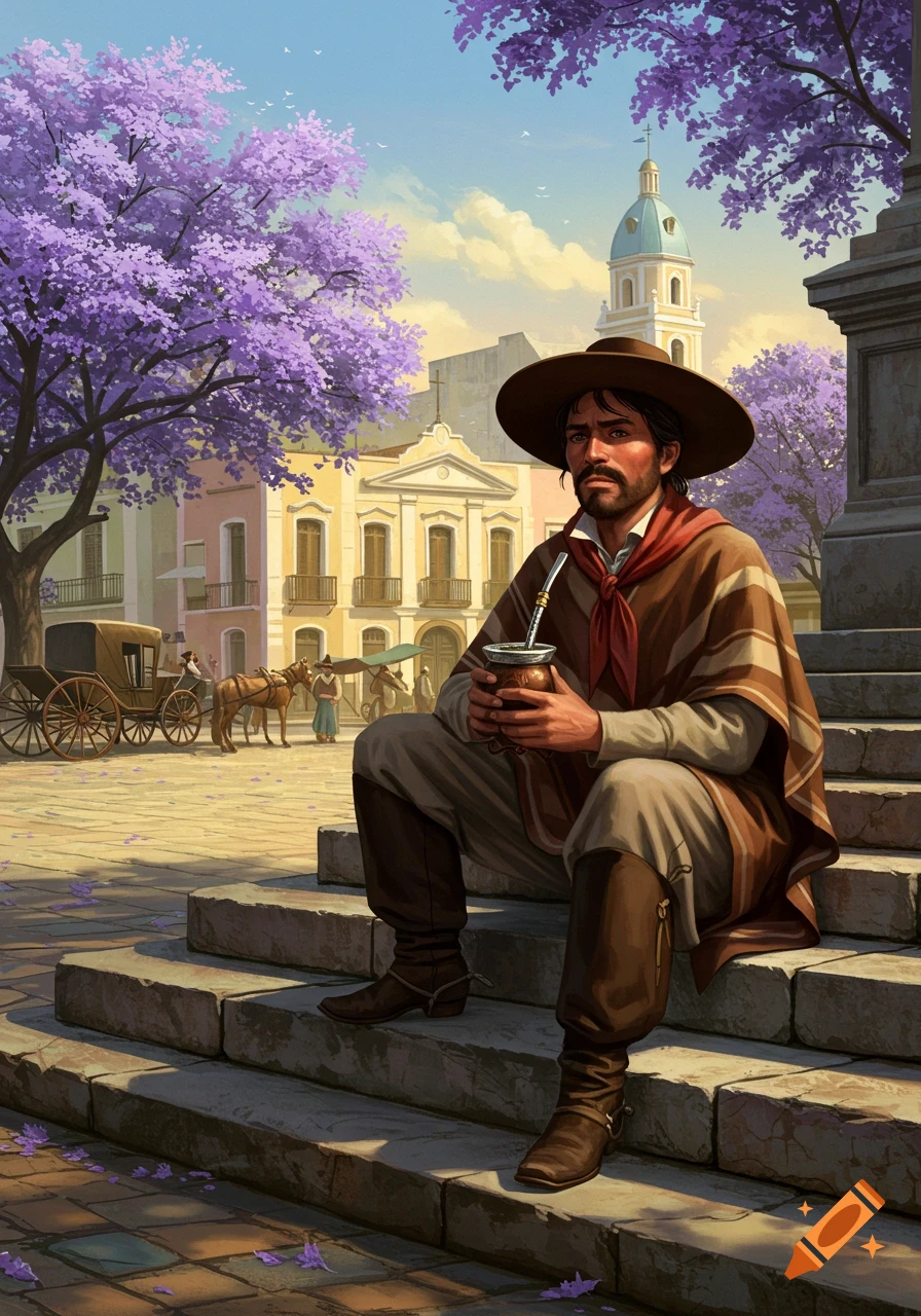 A detailed illustration of a gaucho in traditional attire sitting on steps in an old town square, drinking mate under purple jacaranda trees.
